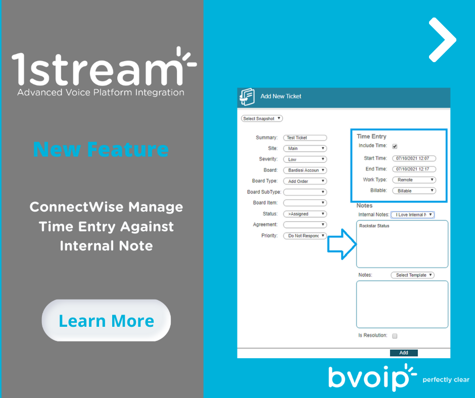 New 1Stream Feature ConnectWise Manage Time Entry Against Internal Note