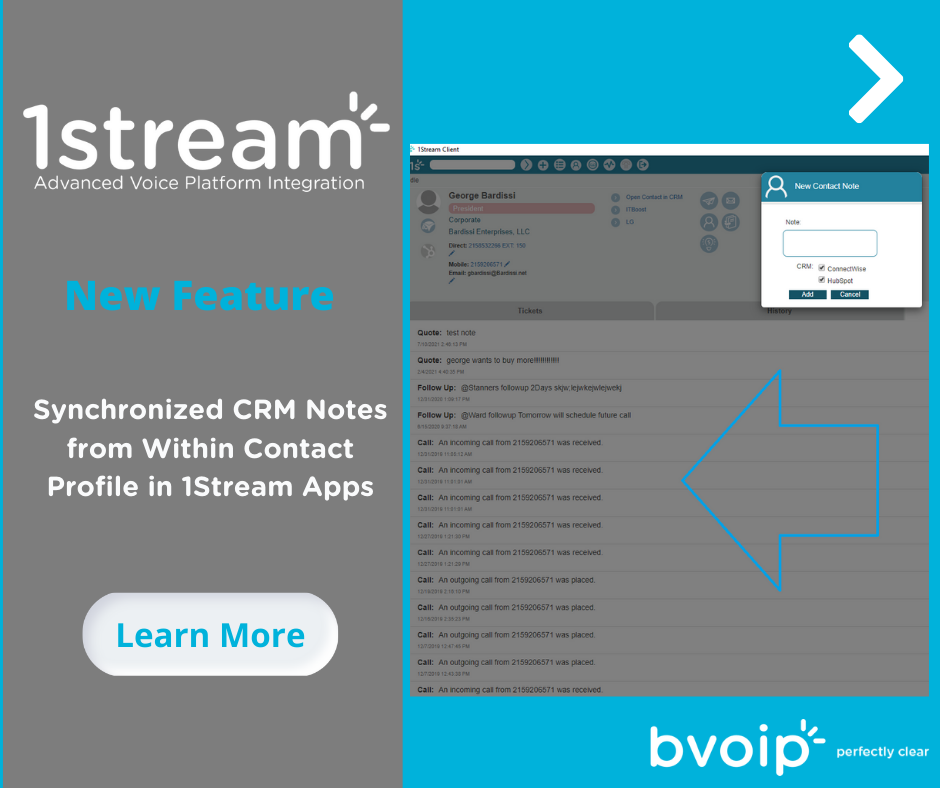 New 1Stream Feature Synchronized CRM Notes from Within Contact Profile in 1Stream Apps